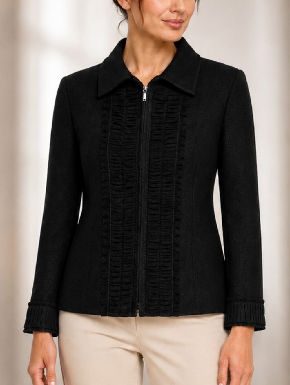 St. John "White Label" Black Textured Zip Front Long Sleeve Jacket Women Size 10